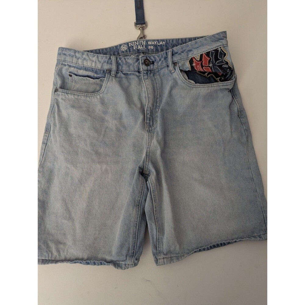 Y2K Ninth Hall Ambush Jean Short Mens 36 Blue Denim Dragon Baggy Wide Leg Skater